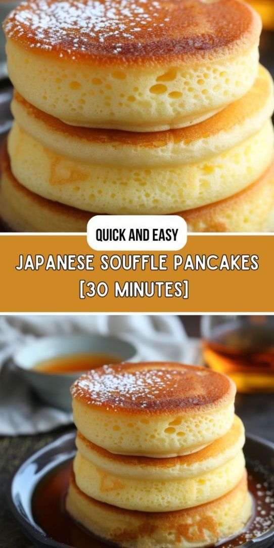 pancakes stacked on top of each other with the words, quick and easy japanese souffle pancakes 130 minutes