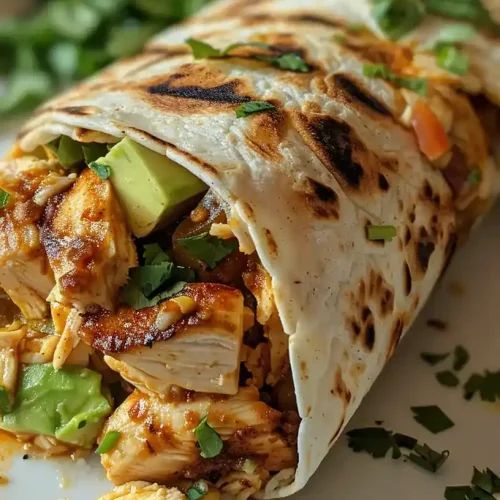 a burrito with chicken, avocado and cilantro on it sitting on a plate