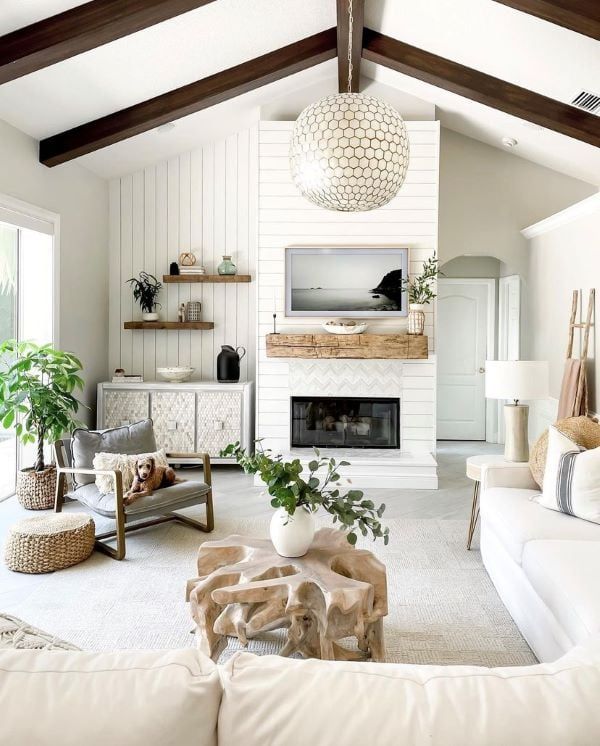 a living room filled with furniture and a fire place in the middle of a room