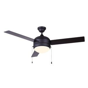 a black ceiling fan with a light on it's blade and two blades hanging from the ceiling