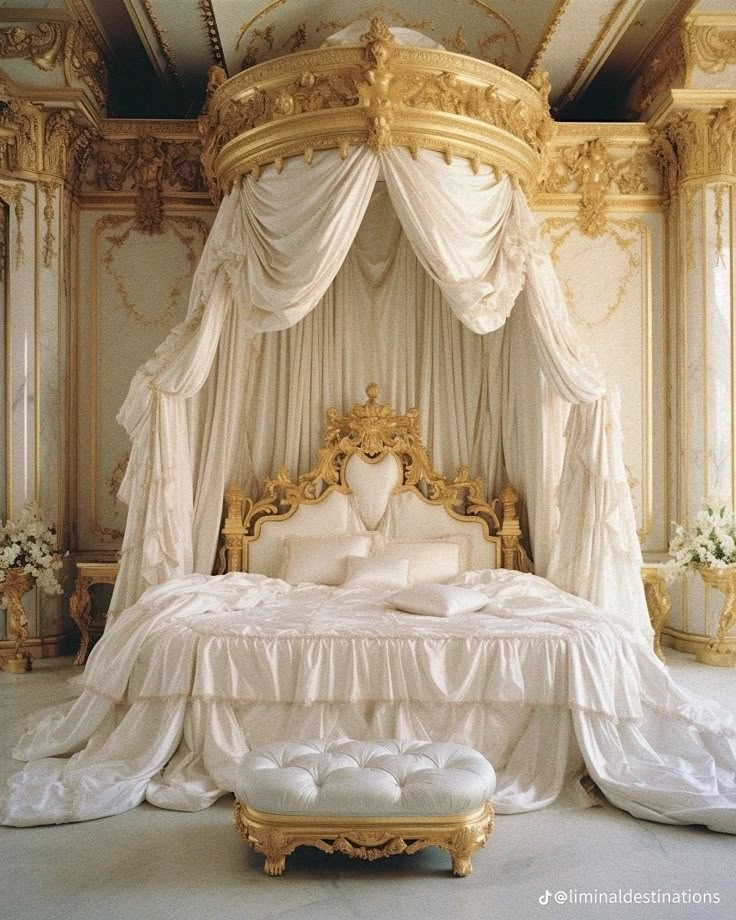 an ornate bed with white and gold decor