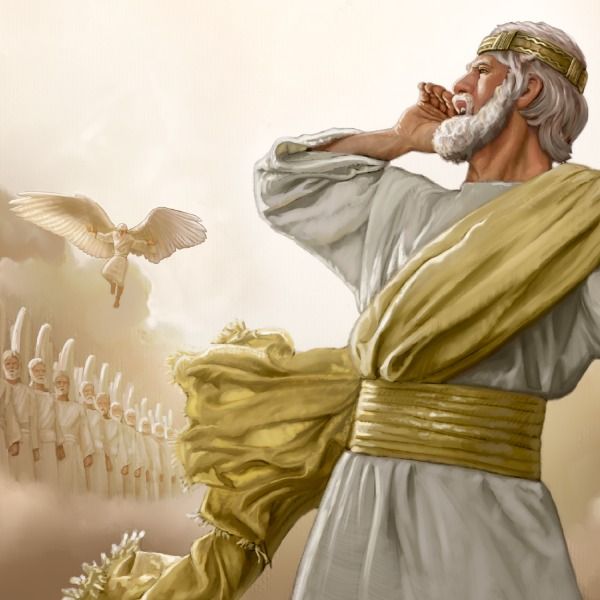 a painting of an old man standing in front of a line of white doves