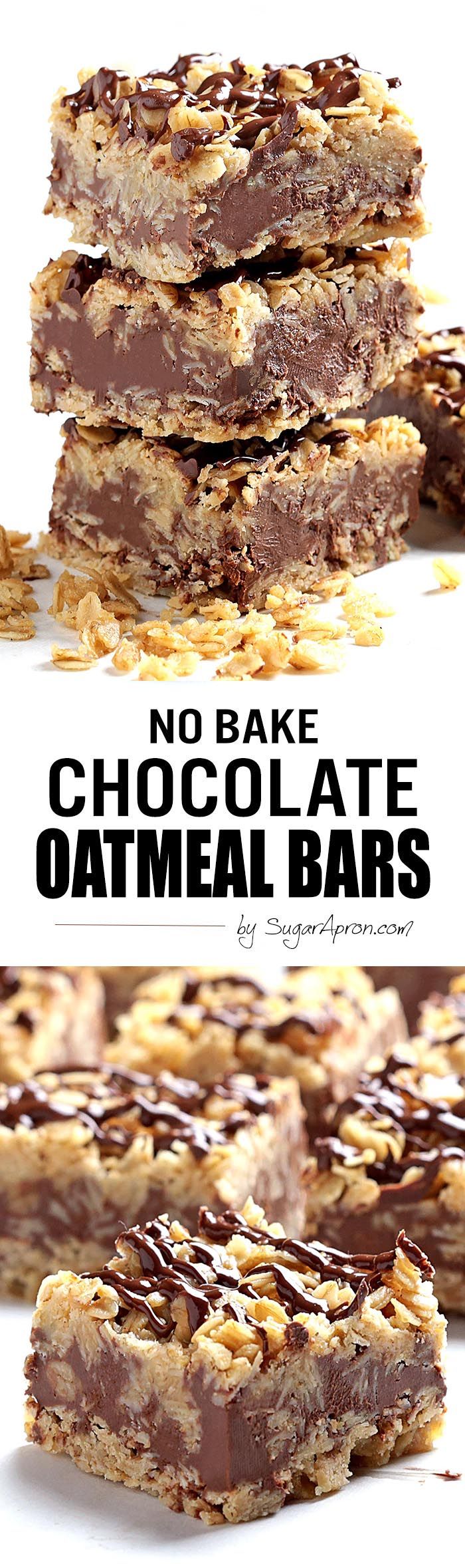 no bake chocolate oatmeal bars are stacked on top of each other