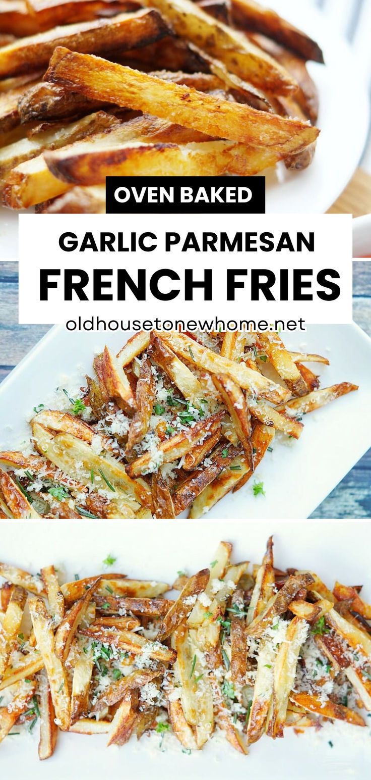 oven baked garlic parmesan french fries on a white plate with text overlay