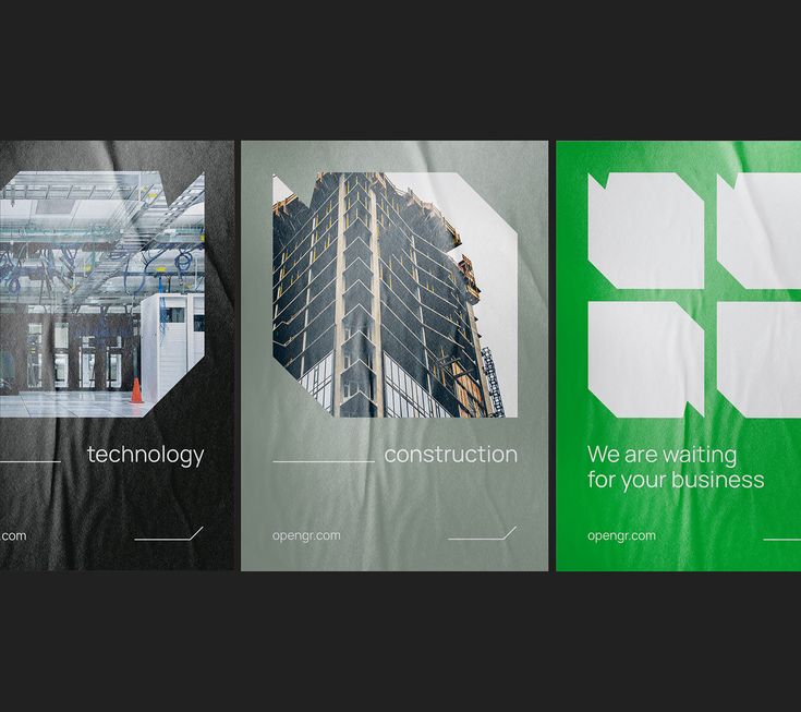 three brochures designed to look like an office building with green and white accents