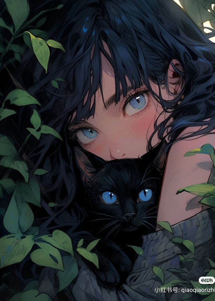 a woman with black hair and blue eyes holding a black cat in her arms, surrounded by green leaves