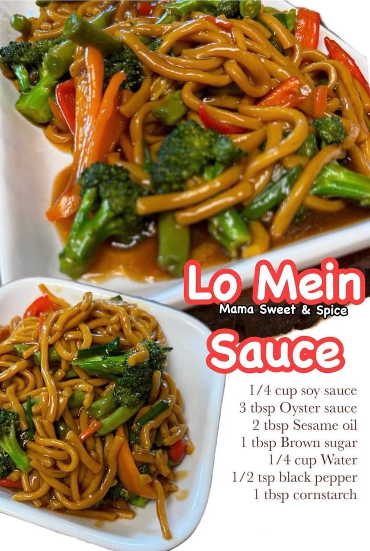 an ad for lo mein sauce with broccoli and noodles in it on a white plate