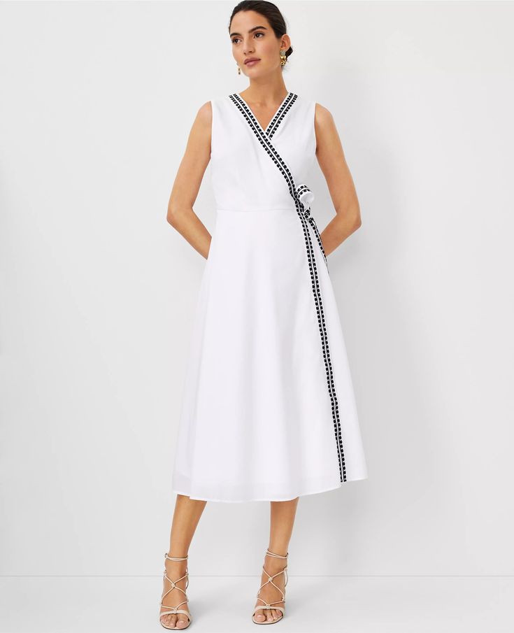 Embroidered Midi Wrap Dress Flowy Wrap Dress, Neck Wrap Dress, Petite Midi Dress, Elegant White Dress, Dress Appropriately, Taylor White, Midi Wrap Dress, Embroidered Trim, Feminine Dress