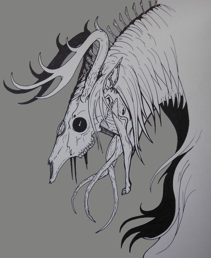 a black and white drawing of a dragon with wings on it's back side