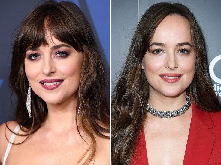 Few Bangs Haircut, Best Woman Hairstyles, Short Bangs Big Forehead, Up Style With Bangs, Dakota Johnson Short Hair Bangs, Bangs For Balding Hair, Celebrity Fringes Hairstyles, Bangs Long Forehead, Big Fringe Hairstyles