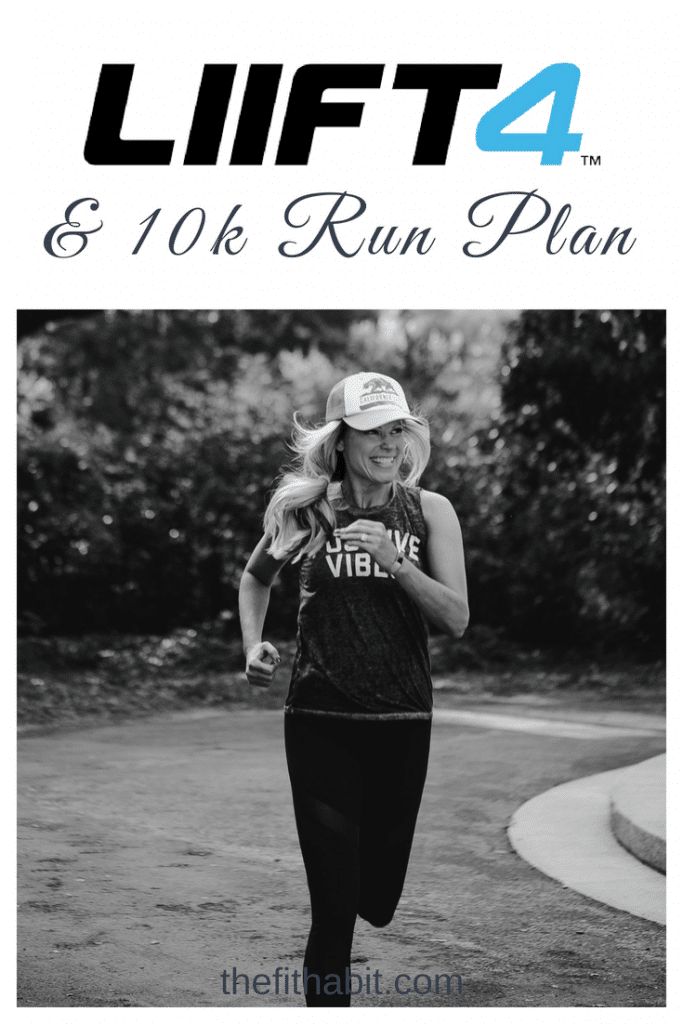 a woman running down a road with the words lift 4 and 10k run plan