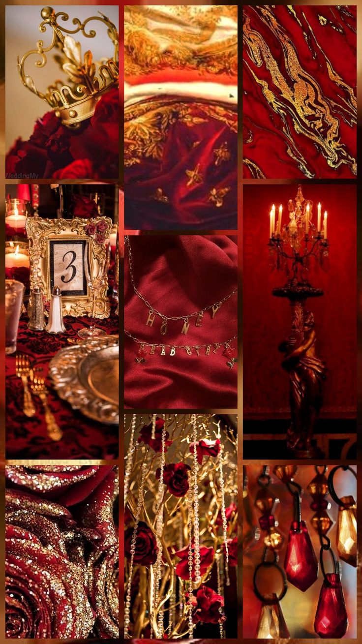 a collage of red and gold colors