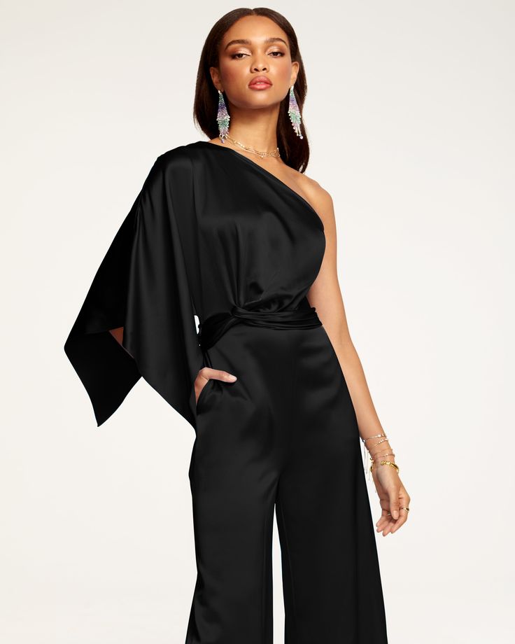 Simone One-Shoulder Jumpsuit Elegant Off-shoulder Jumpsuits And Rompers For Party, Elegant Off-shoulder Jumpsuit For Party, Sleek Strapless Jumpsuit For Evening, One Shoulder Jumpsuits And Rompers For Party, Elegant Satin Jumpsuits And Rompers For Party, Chic Satin One Shoulder Top For Party, Chic Satin One-shoulder Top For Party, Evening Satin One Shoulder Top, Elegant Black One-shoulder Strapless Jumpsuit