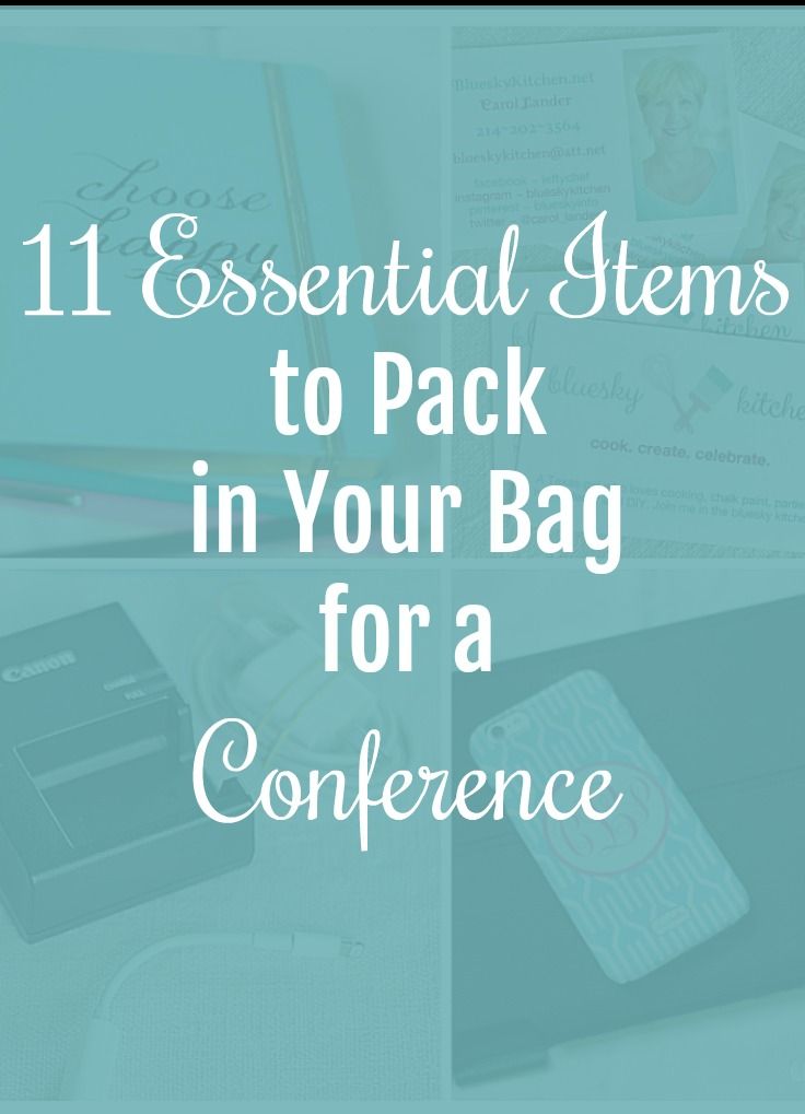 the contents of a bag for a conference with text overlay that reads 11 essential items to pack in your bag for a conference