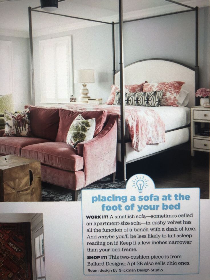 an advertisement for a bed with a pink couch and pillows on the bottom right side