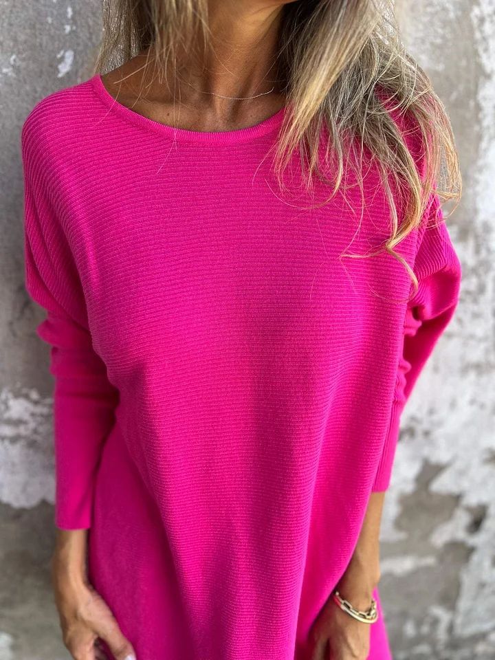 Round Neck Long Sleeve Knitted Top Trendy Solid Color Long Sleeve Crew Neck Top, Trendy Spring Long Sleeve Crew Neck Top, Pink Sweater With Ribbed Neckline For Fall, Casual Solid Color Spring Sweater, Spring Plain Sweater, Pink Ribbed Neckline Sweater For Fall, Pink Solid Color Sweater For Spring, Pink Solid Color Tops For Fall, Pink Solid Color Top For Fall