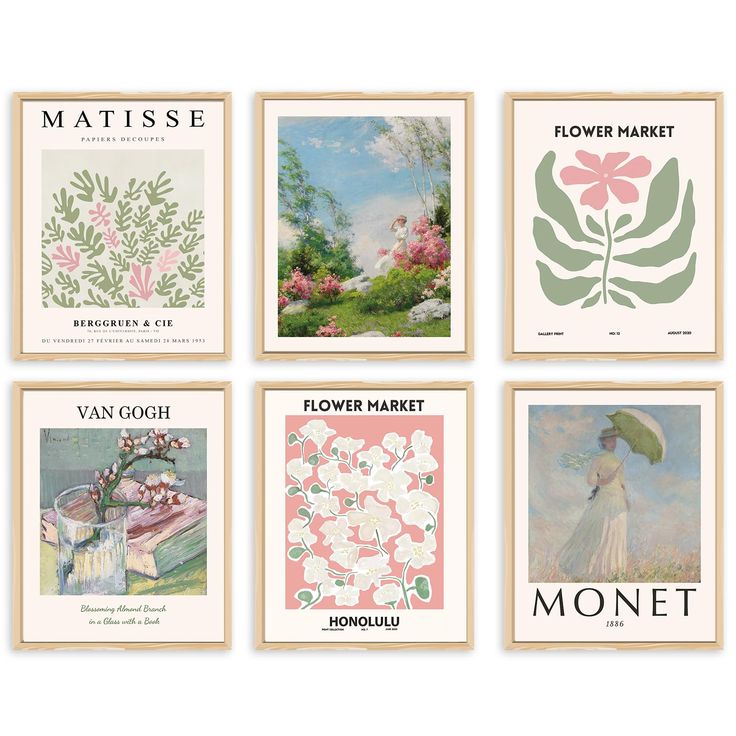 six vintage flower market posters in pastel pink, green and white colors with the words matissee on them