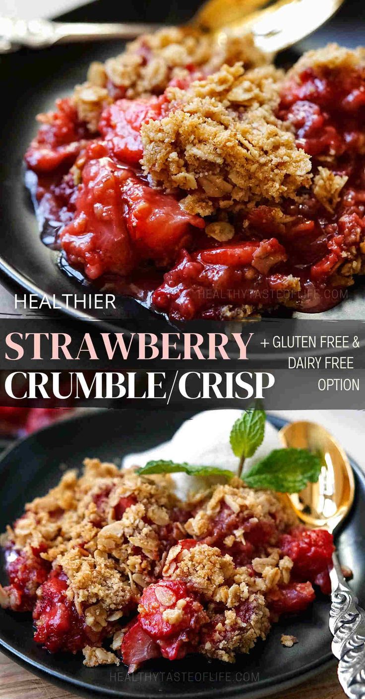 strawberry crumble crisp on a black plate with spoons