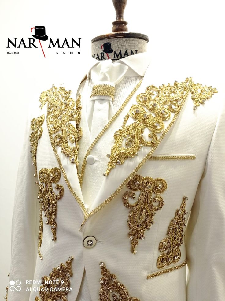 White And Golden Suit, Red And Gold Tuxedo, Formal Gold Suits With Gold Embroidery, Designer Fitted Gold Suits, White And Gold Prince Outfit, Luxury Tailored Gold Suit, Groom Suit White, Cream Suits For Men, Mens Suits Green