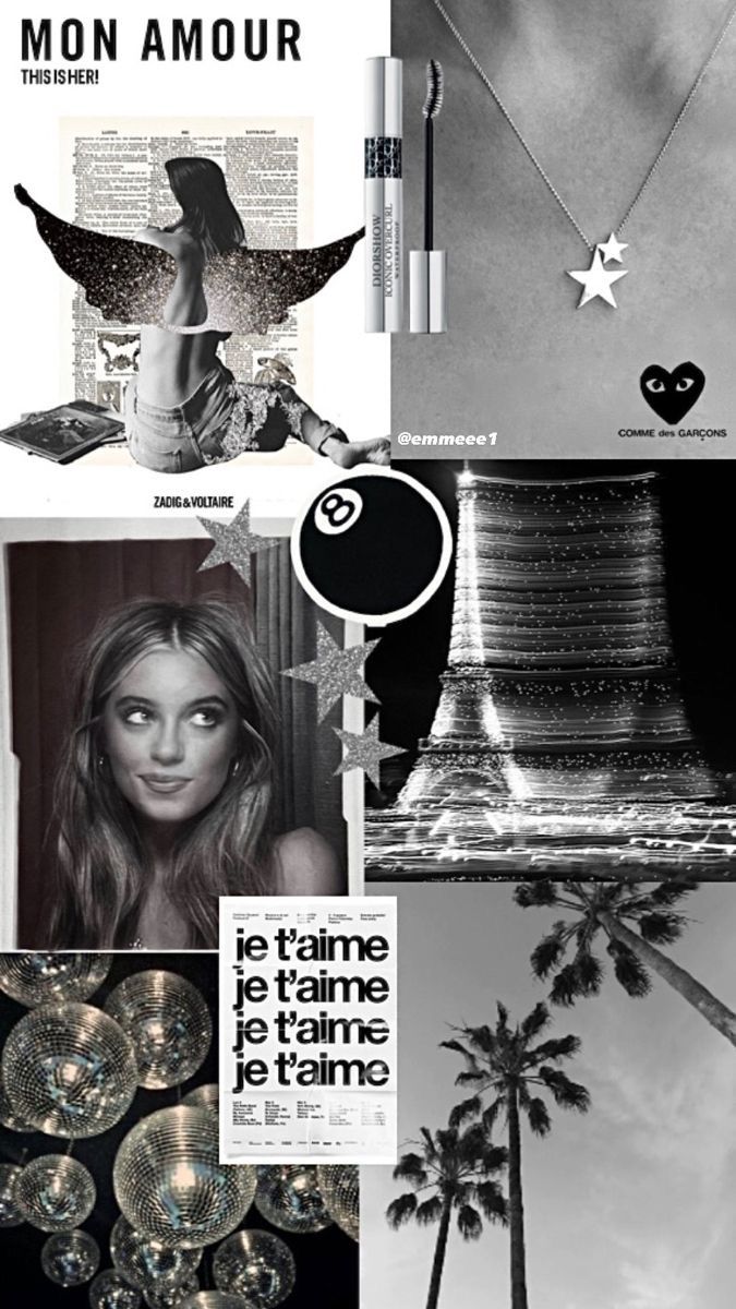 black and white collage with palm trees, chandelier, magazine pages and photos