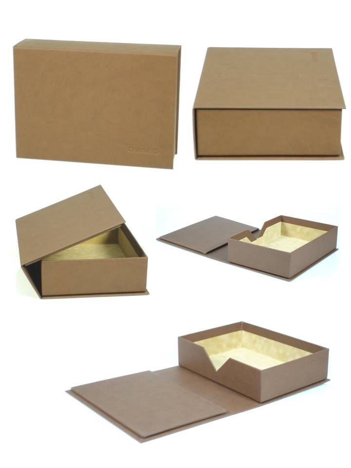 four different views of an open and closed cardboard box with the lid down, inside and outside