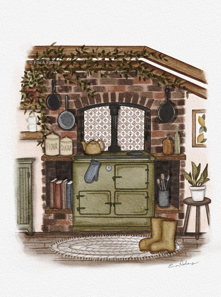 a drawing of a kitchen with pots and pans on the stove