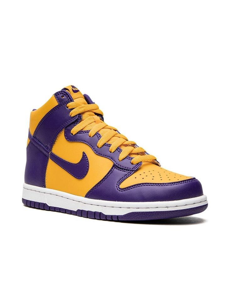 yellow/purple calf leather signature Swoosh logo detail round toe front lace-up fastening logo patch at the tongue ankle-length branded insole rubber sole These styles are supplied by a premium sneaker marketplace. Stocking only the most sought-after footwear, they source and curate some of the most hard to find sneakers from around the world. Sneakers Purple, Shoes Teen, Dunk High, High Sneakers, Swoosh Logo, Nike Kids, Teen Boy, Boy Shoes, Yellow Purple