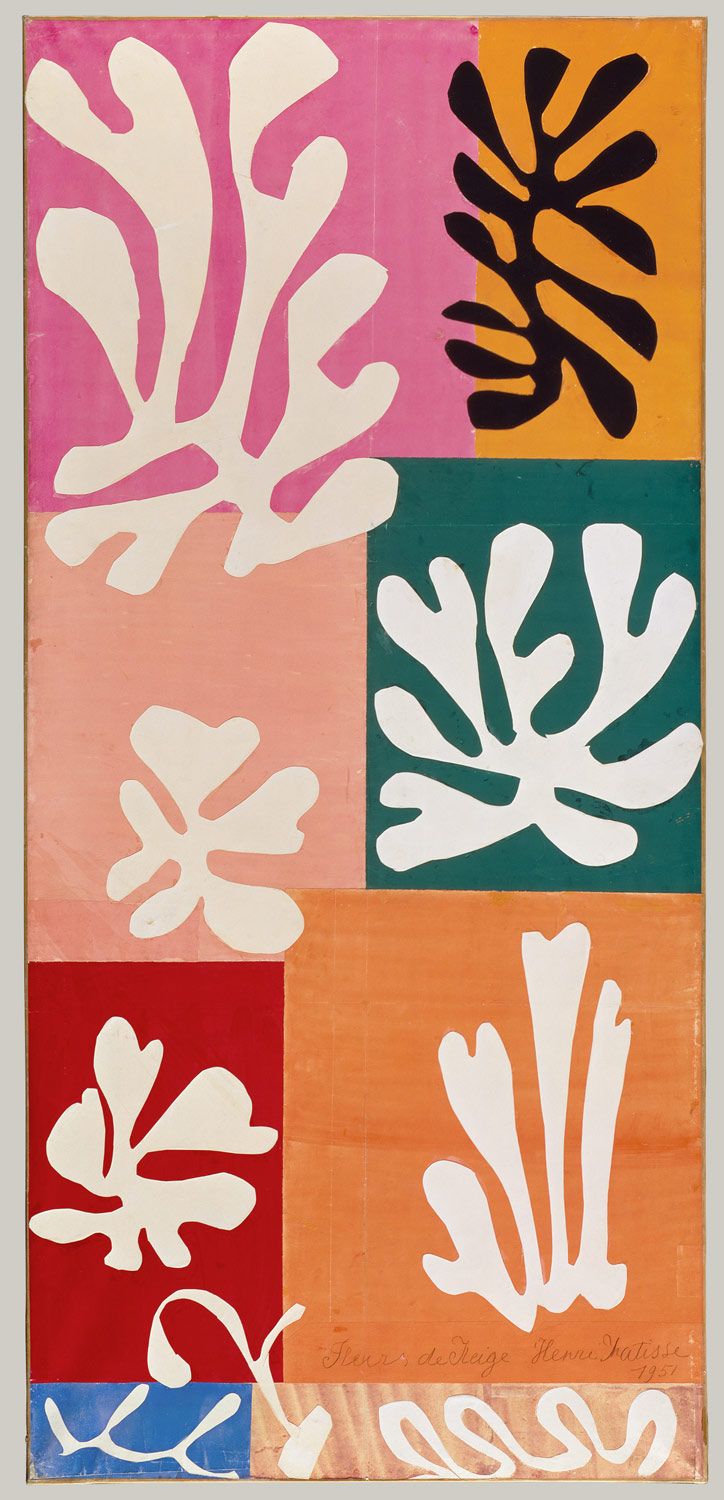 an abstract painting with different colors and shapes on the bottom half of it, including leaves