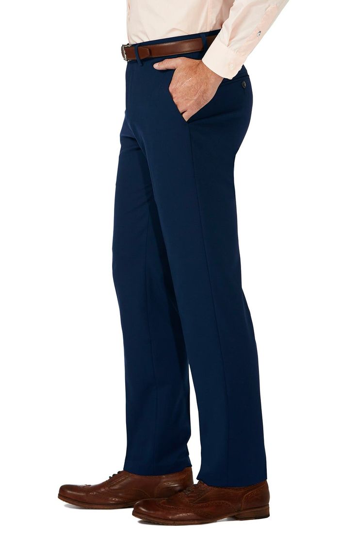 Fit: this style fits true to size. Flat front. Zip fly with hook-and-bar and button closure. 2 front slant pockets. 2 back welt pockets with button closure. Slim fit. Approx. 11.5" rise (size 34x32). Imported Slim Fit Dress Pants, Blue Dress Pants, Fitted Dress Pants, Stretch Dress Pants, Flat Front Pants, Stylish Pants, Dress Slacks, Slim Fit Dresses, Pants Blue