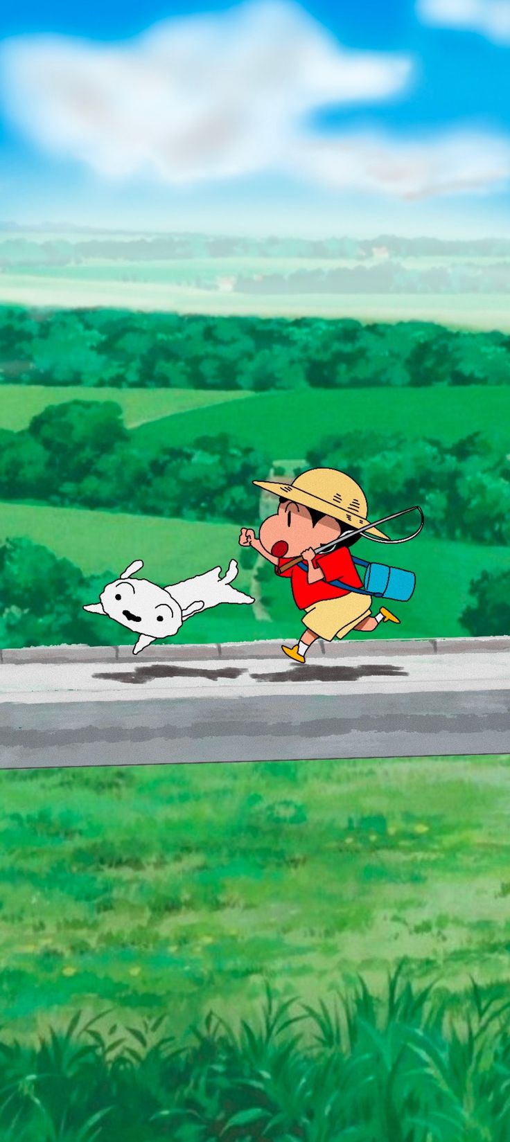 an animated image of a person chasing a dog on a road with grass and trees in the background