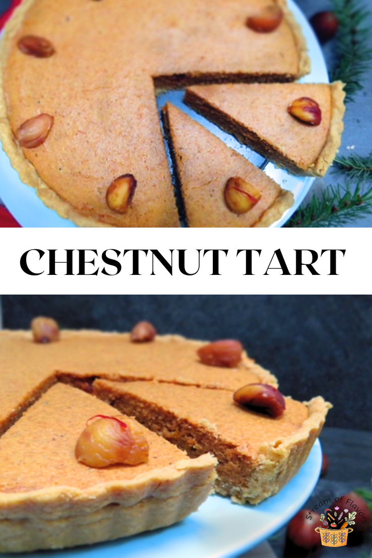 Chestnut tart with roasted chestnuts and cardamom and saffron strands on a blue stand Chestnut Recipes Desserts, Chestnut Pie, Almond Filling, Chestnut Recipes, Homemade Pie Crust, Tart Filling, Whole Grain Flour, Tart Dessert, Roasted Chestnuts