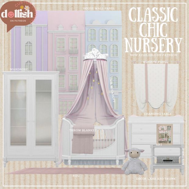 an image of a baby's nursery room with furniture and accessories in pastel colors