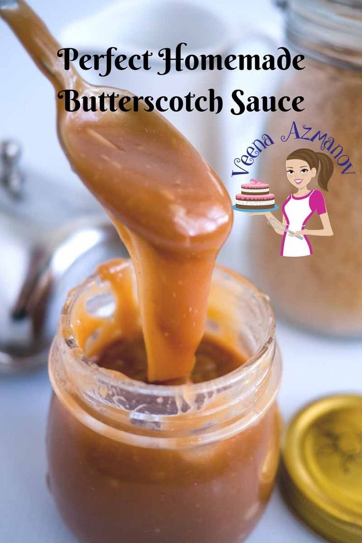 a jar filled with peanut butter and sauce being poured into the jar to make homemade butterscotch sauce