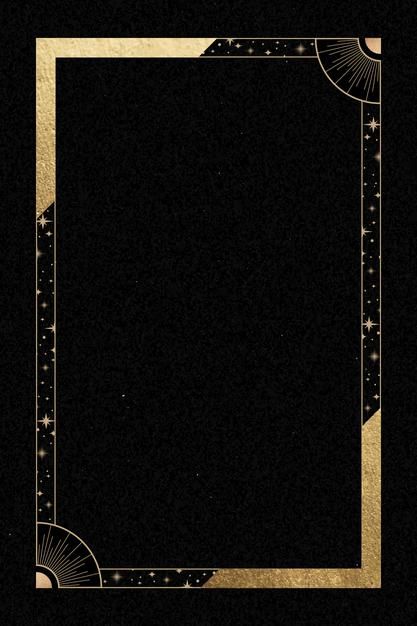 a black and gold frame with stars in the center on a black background, there is an empty space for text