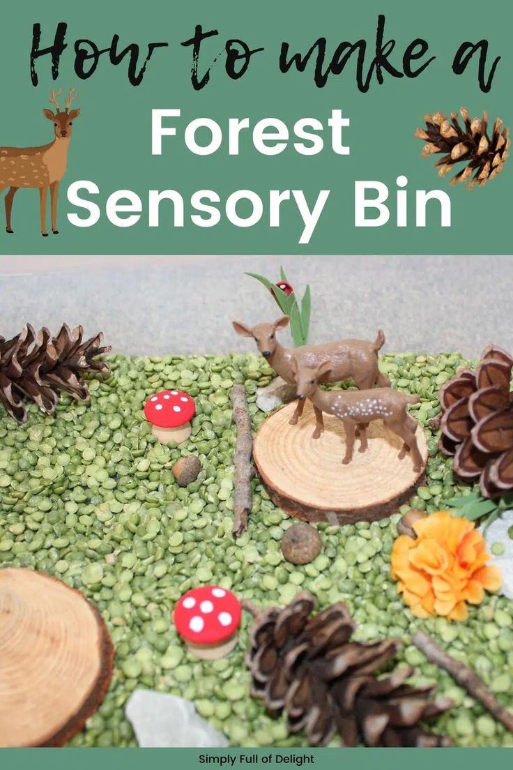 woodland sensory bin with green split peas, wooden elements, and pinecones Forest Sensory Bin, Sensory Bin For Preschoolers, Forest Animals Preschool, Woodland Activities, Forest Preschool, Wood Mushrooms, Forest Crafts, Forest Animals Theme, Toddler Sensory Bins