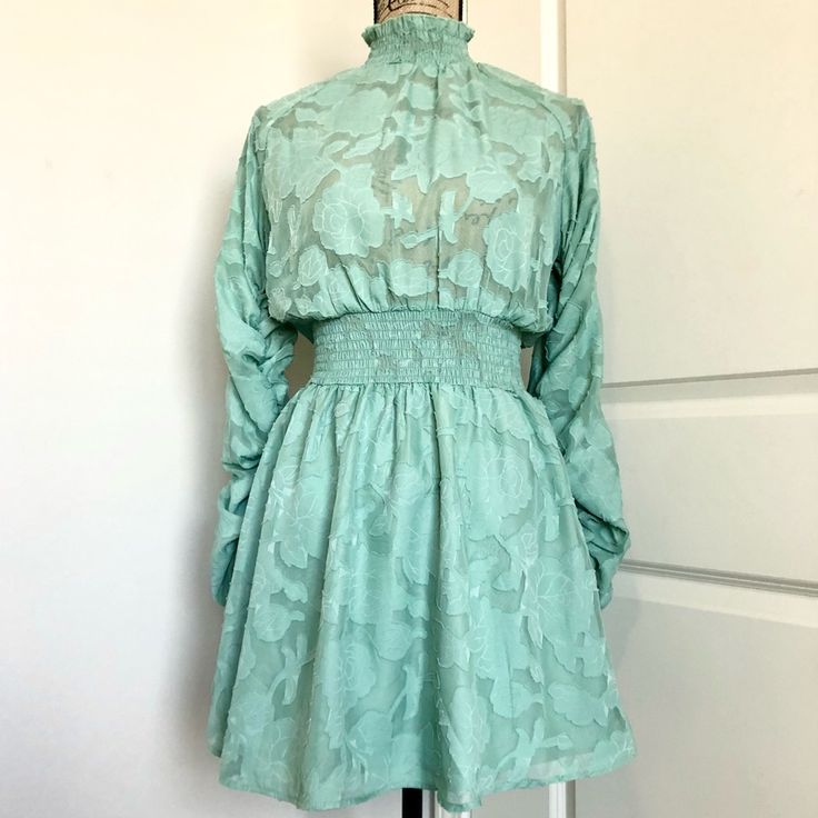 Mint Green, Vintage, Interesting Style, Form Fitting, Top Part Is Sheer, Very Cute, Easter Dress, Church, Sunday Dress. Fitted Smocked Mini Dress For Party, Fitted Ruched Smocked Dress For Party, Summer Party Dress With Elastic Waistband, Party Mini Length Fitted Smocked Dress, Party Mini-length Fitted Smocked Dress, Flowy Mini Dress With Smocked Back For Party, Summer Long Sleeve Smocked Dress With Elastic Waistband, Summer Smocked Long Sleeve Dress With Elastic Waistband, Flowy Smocked Dress For Spring