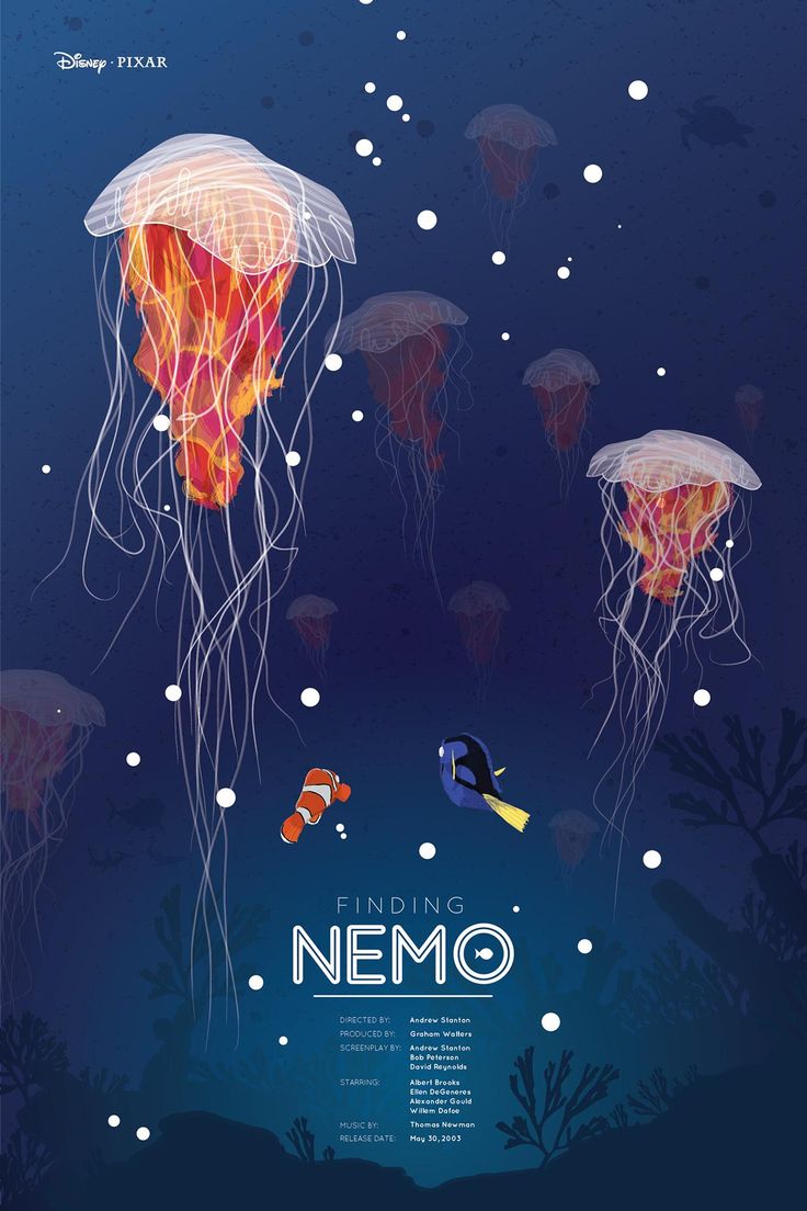 the poster for finding nemo shows jellyfish and divers swimming in the ocean