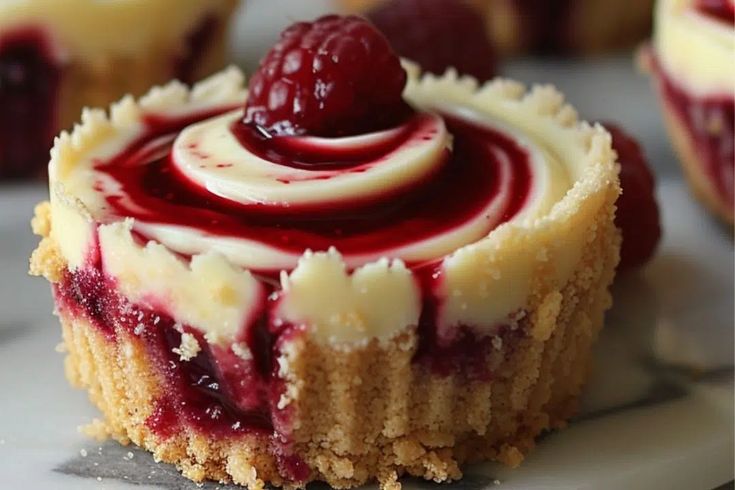 a close up of a dessert on a plate with raspberry sauce in the middle