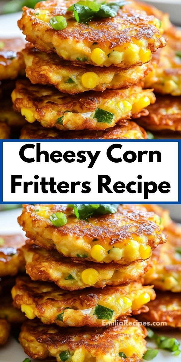 cheesy corn fritters recipe on a white plate with the title above it