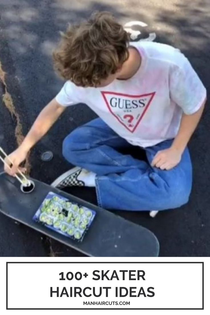 a young man sitting on the ground with his skateboard in front of him and text overlay that reads, 100 + skater haircut ideas