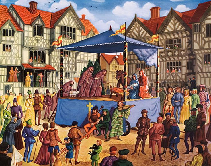 a painting of people standing in front of buildings