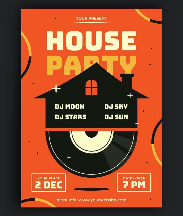 a house party flyer with an orange background