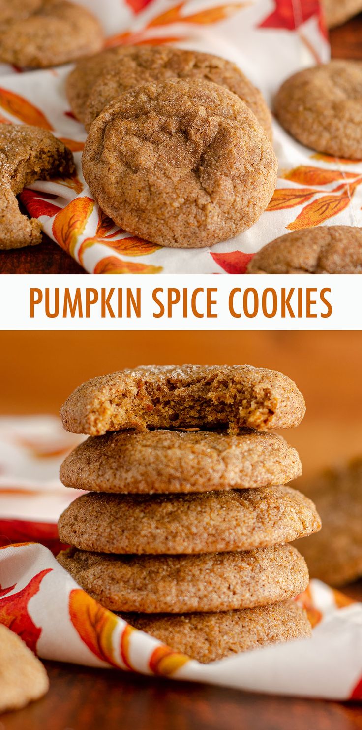 pumpkin spice cookies stacked on top of each other with the title in the middle above