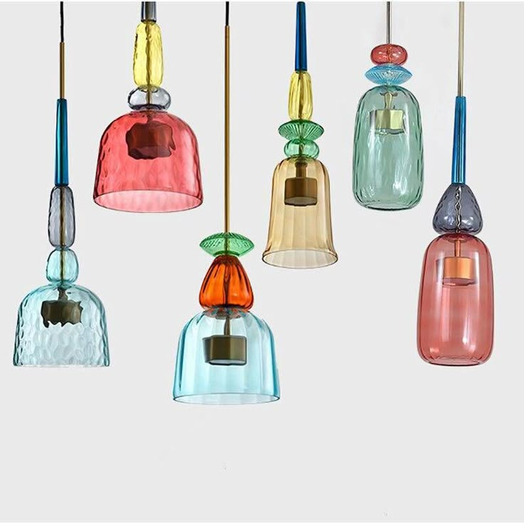 multicolored glass pendants hanging from the ceiling