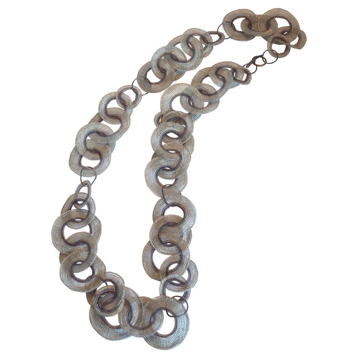 Chain style mesh necklace dipped in sterling silver from Milena Zu. Modern Silver Link Chain Jewelry, Silver Chunky Chain Link Jewelry, Silver Link Necklace With Chunky Chain, Silver Chain Link Metal Jewelry, Modern Silver Chain Link Jewelry, Modern Chain Link Necklace With Sterling Silver Clasp, Metal Link Jewelry With Silver Chain, Silver Metal Necklace With Chunky Chain, Silver Chain Link Jewelry