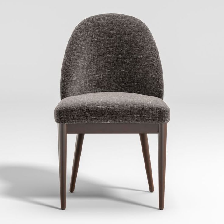 an upholstered chair with dark wood legs and a gray fabric seat, viewed from the front