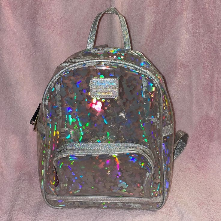 Disney Loungefly Iridescent Backpack Minor Wear, Overall Very Good Condition All Zippers Work Disney Loungefly, Overalls, Bag Lady, Backpacks, Zipper, Disney, Silver, Women Shopping, How To Wear