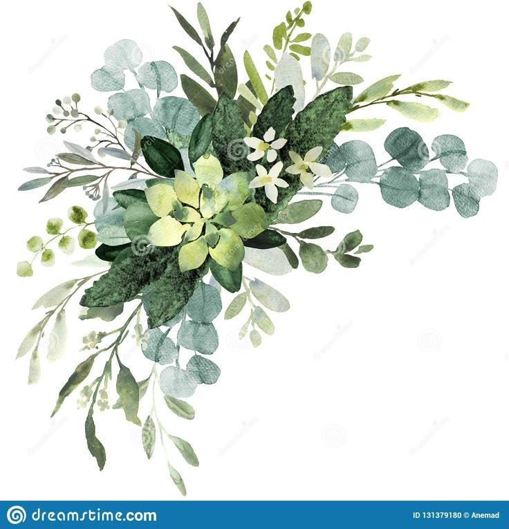 watercolor painting of green leaves and flowers