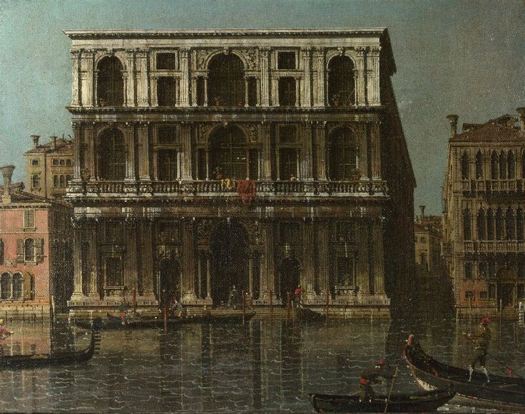 an old building with gondolas on the water and people in boats near it