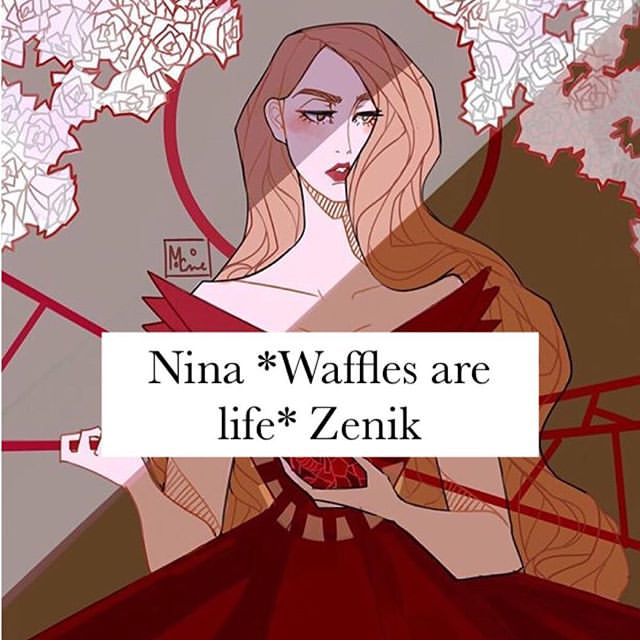 a woman in a red dress holding a cell phone with the words ninja waffles are